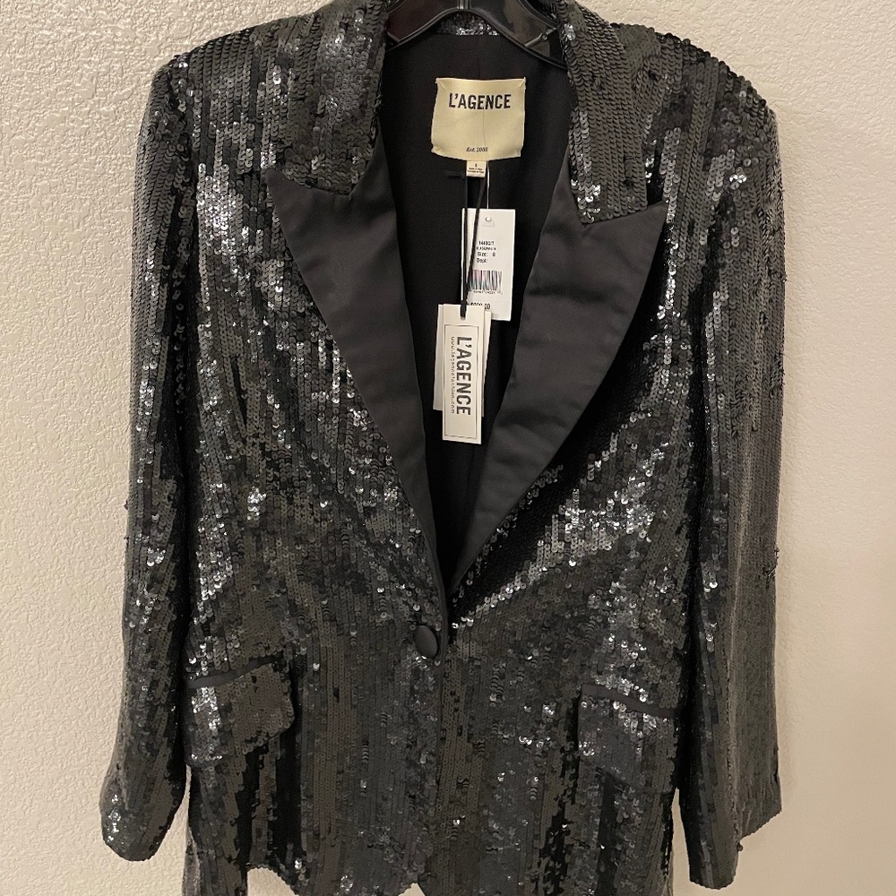 L’AGENCE Neval Sequin Black Blazer Bold White Sequin Fashion Capitals on Back